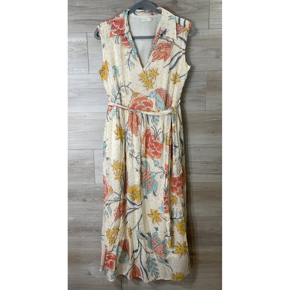 Spartina 449 Hallie Midi Dress Sz M Clara Starry Floral Cream Tie Waist Romantic